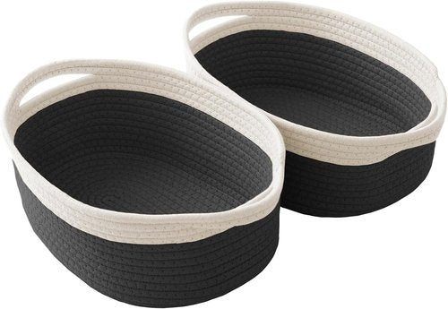 JMvicyroam Woven Basket - Small Rope Storage Bin with Handles | Stylish Organizer for Shelves & Closets - White & Black (2 Pack)