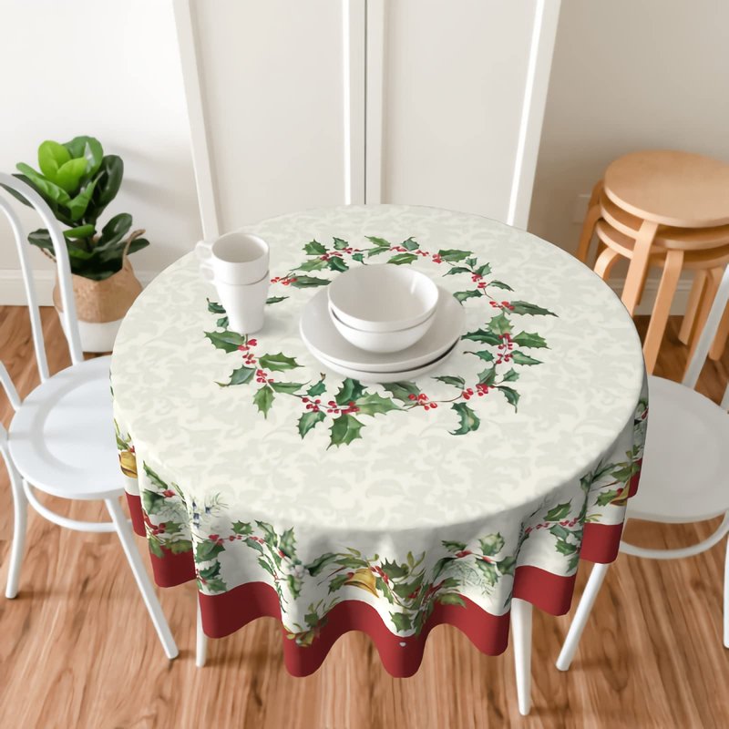 Sweetshow Merry Christmas Round Tablecloths 60 Inch Holiday Tablecloth Decor Winter Gold Green Table Cloth Polyester Fabric Season Outside Table Cover for Kitchen Outdoor Indoor Party