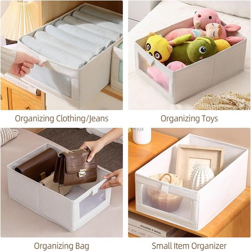 Linen Closet Organizers - 12 Pack Foldable Storage Bins with Clear Window for Clothing & Jeans