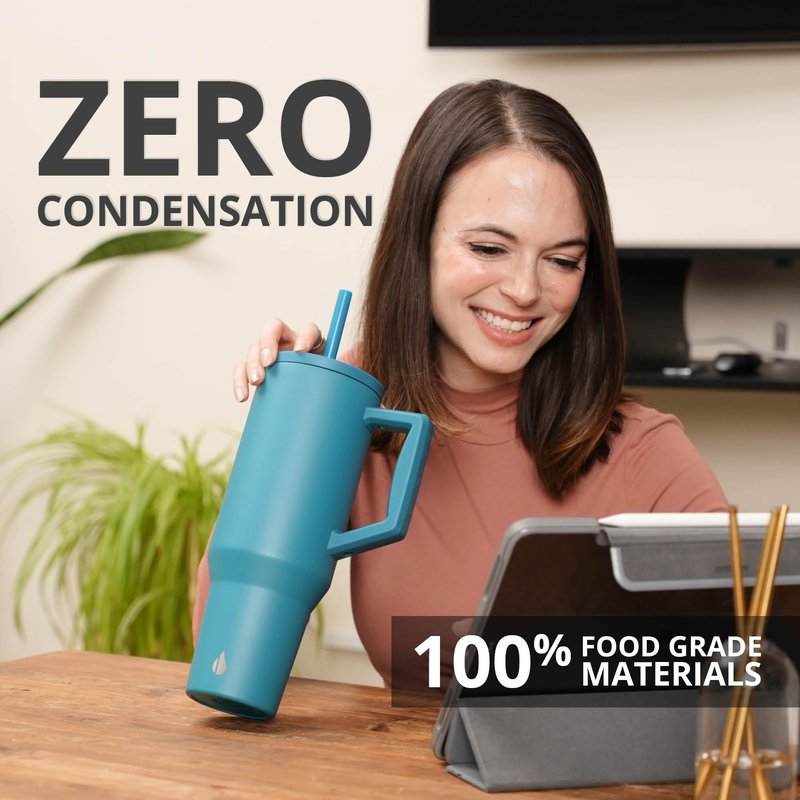 Elemental 40 oz Tumbler with Handle and Straw - Spill Proof Insulated Stainless Steel Commuter for Cold Beverages - Travel Coffee Mug with 2 Straws & Spill Proof Lid - 40oz - Teal