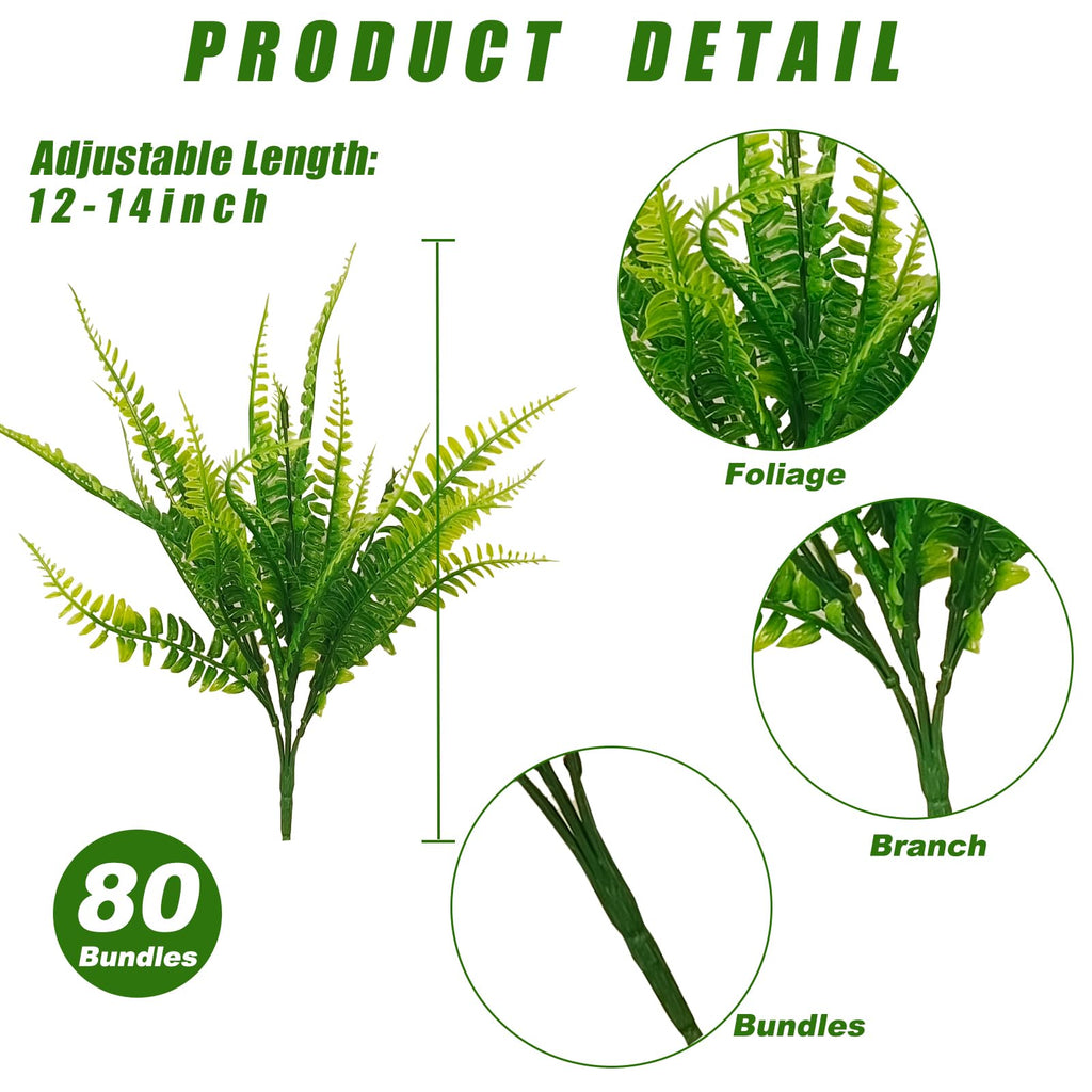 Coreland 80 Pcs Artificial Fake Boston Fern Plants Bushes Faux Plants Shrubs Greenery UV Resistant for House Office Garden Indoor Outdoor Décor