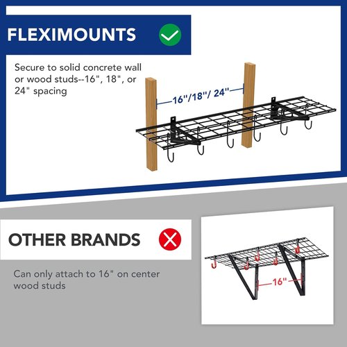 FLEXIMOUNTS Garage Wall Shelving System - 1x4 Ft Storage Rack with 6 Bike Hooks | 150 lbs Capacity