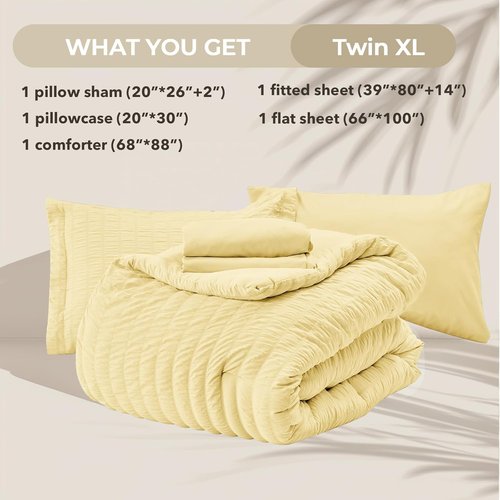 HYMOKEGE Twin XL Comforter Set - 5-Piece Seersucker Luxury Bedding Set for All Seasons | Yellow