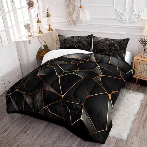 CCoutueChen Black Gold Geometric Comforter Set King Size Golden Metallic Foil Bedding Set Triangles Marble Print Comforter for Men Teens Boys 3Pcs Soft Summer Lightweight Bed Set