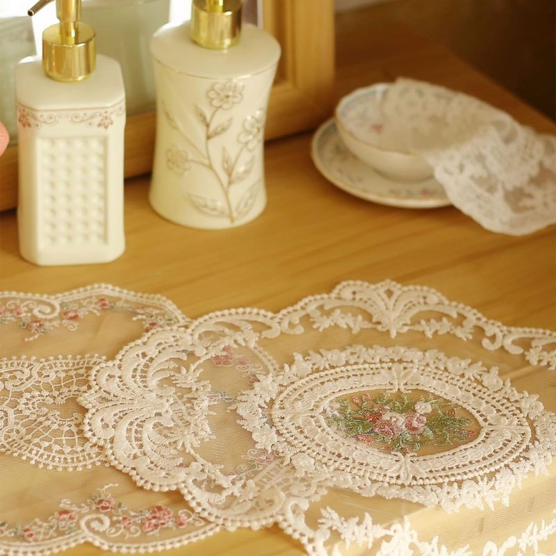 NROZIET 6 Pack Lace Placemats, Retro Doilies for Tables, Handmade French Style Embroidered Crochet Vase Mat for Centerpieces, Furniture Place Cup Mats Coaster for Wedding Birthday Home Decoration