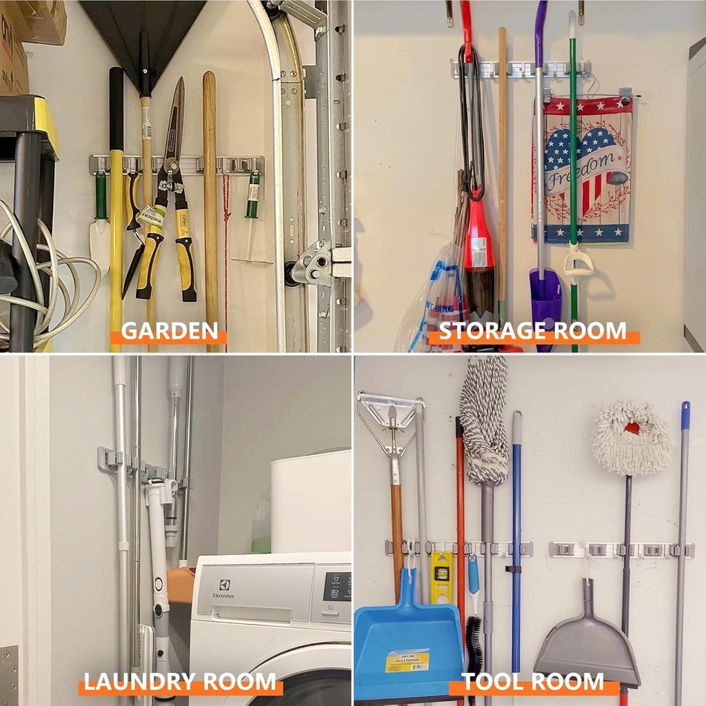 Reliahom Broom Holder Wall Mount - 5 Racks & 4 Hooks for Garage, Kitchen, Garden, Laundry Room Storage