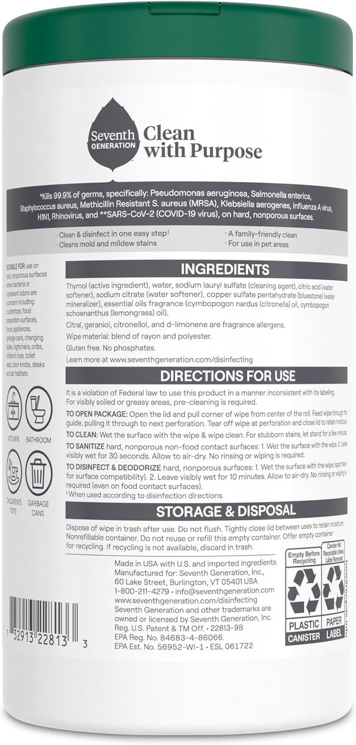 Seventh Generation Disinfecting Multi-Surface Wipes - Lemongrass Citrus, 70 Count, Pack of 3