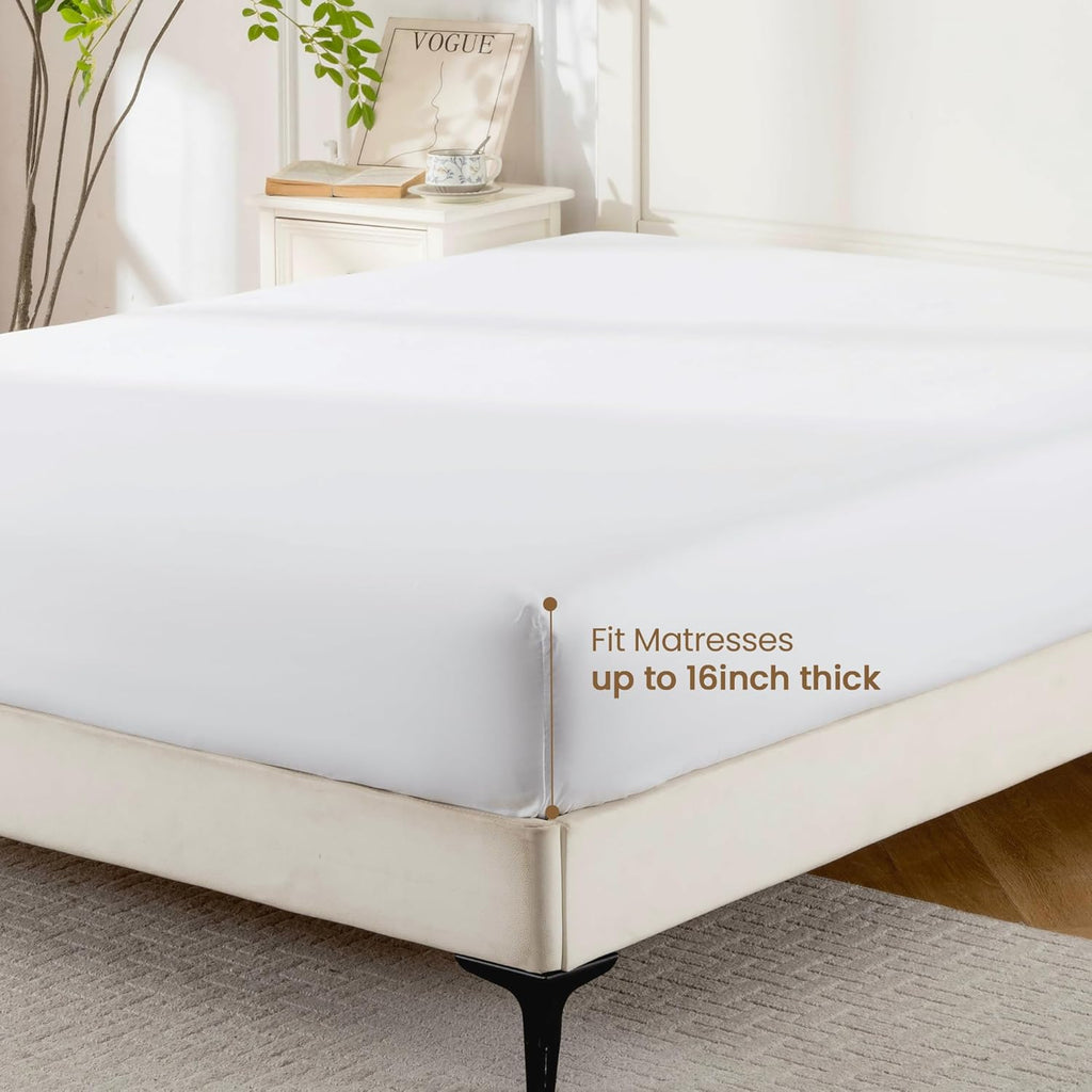 Rose&RISY Queen Fitted Sheet - Soft, Breathable Cooling Fabric | 16" Deep Pocket, White