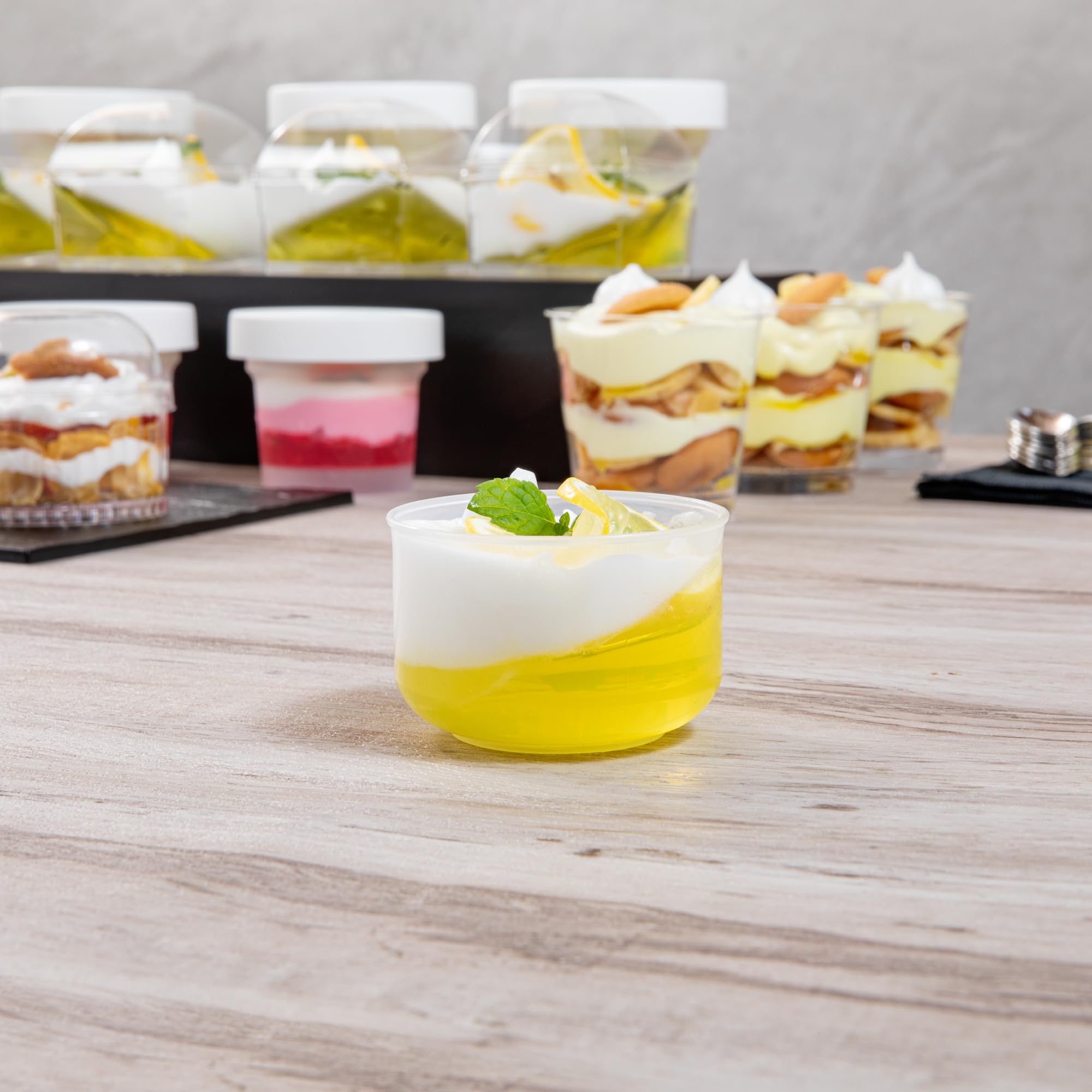 Restaurantware Mini Serve 4.4 Ounce Plastic Dessert Cups, 100 Disposable Round Serving Cups - Lids Sold Separately, Stackable, Clear Plastic Parfait Cup, Durable, For Ice Cream, Gelato, And Sorbet