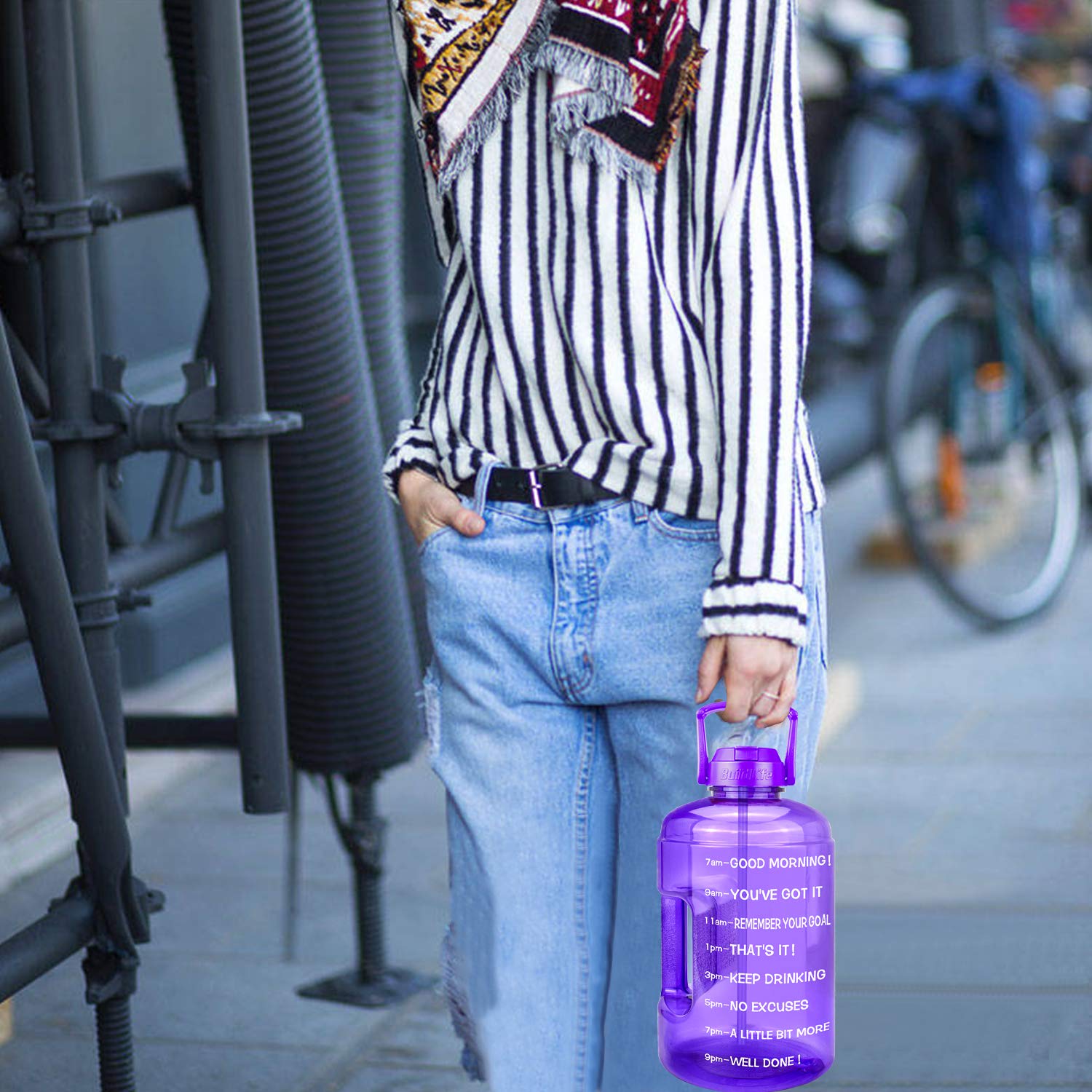 QuiFit 1 Gallon Water Bottle - with Straw & Motivational Time Marker Leak-Proof BPA Free Reusable Gym Sports Outdoor Large(128OZ) Capacity Water Jug(Light Purple,1 Gallon)