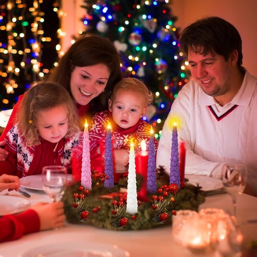 Baquler Flameless Advent Candle Set - 5 Pcs LED Taper Candles with Remote Timer | 10 Inch Purple, Pink, White