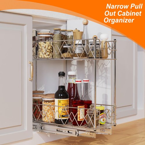 Glolaurge Narrow Pull Out Cabinet Organizer - 7" W x 21" D, 2-Tier Kitchen Cabinet Drawer Slide Out Shelves, Chrome