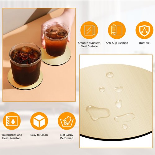 RMERVE Stainless Steel Coasters Set of 24, 4 Inches Gold Mirror Coasters, Non Slip Eva Base Round Modern Coaster for Drinks Coffee Table Glass Mug Cup Teacup