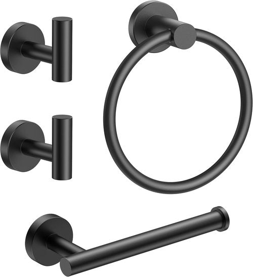 FORIOUS Bathroom Accessories Set - SUS304 Stainless Steel Toilet Paper Holder, Towel Ring & Hooks | Matte Black