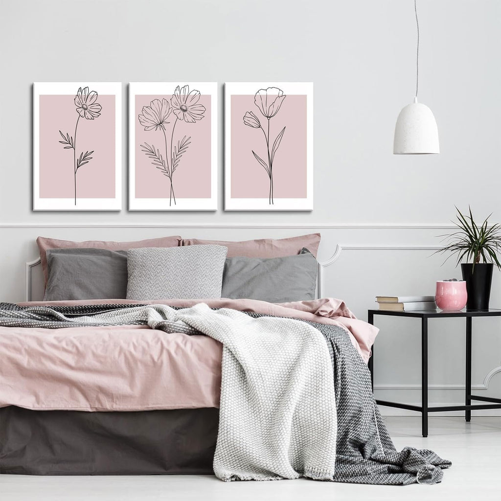 Pink Flower Market Wall Art Set of 3 - Aesthetic Canvas Prints for Bedroom & Girls' Room | Framed 12x16 Inch