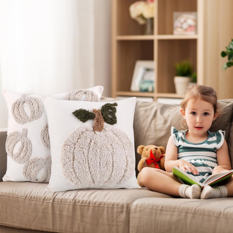 2 PCS Pumpkin Pillow Covers Fall Pillow Covers Autumn Halloween Thanksgiving 18x18 Inch Square Beige White Linen Embroidered Throw Pillow Cases Soft Decor for Sofa Bed Couch Living Room Farmhouse Home