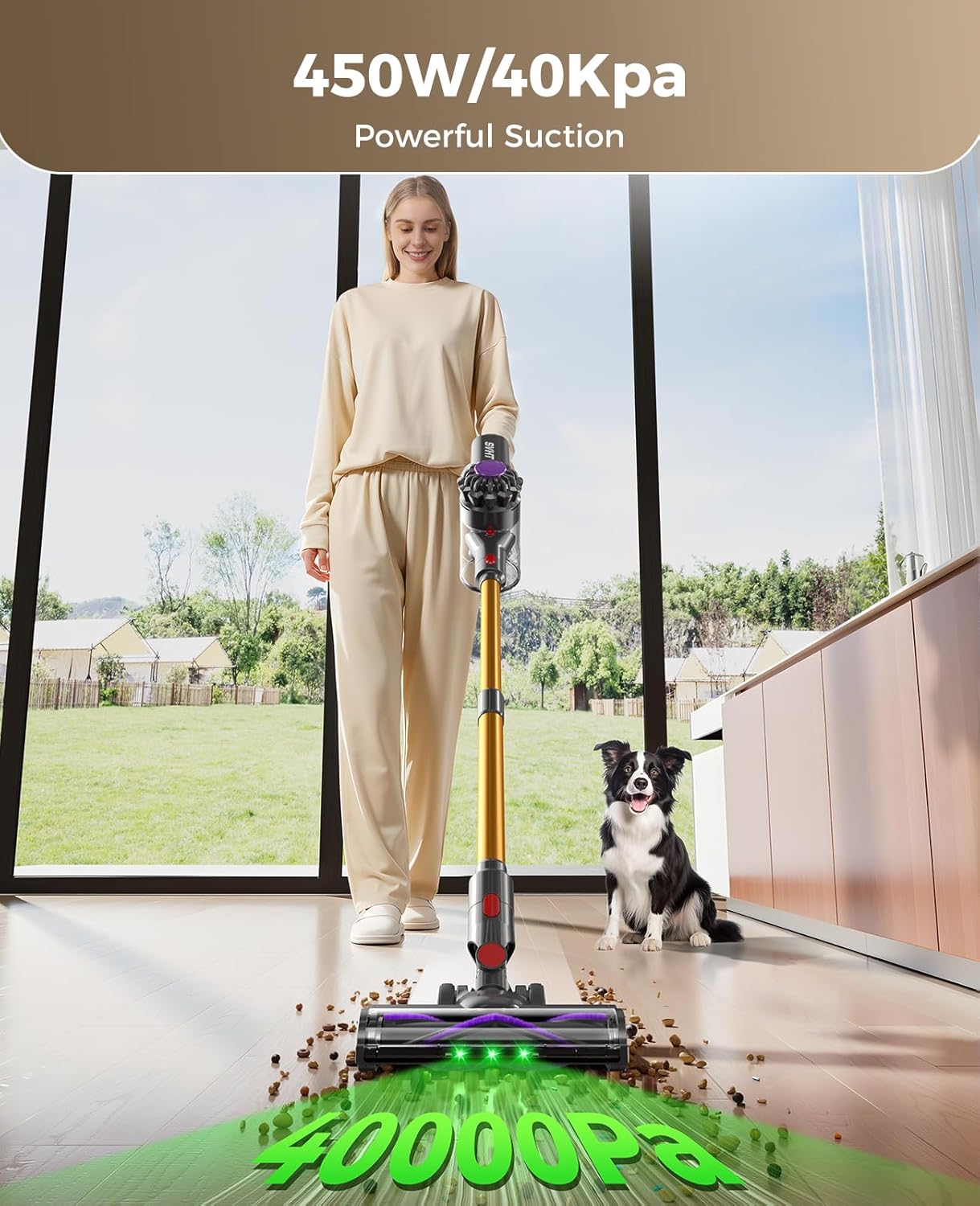 Skiennix Cordless Vacuum Cleaner - 450W 40KPA Lightweight Stick Vacuum with 45-Minute Runtime for Home Use | Ideal for Carpet, Pet Hair, Hardwood Floors