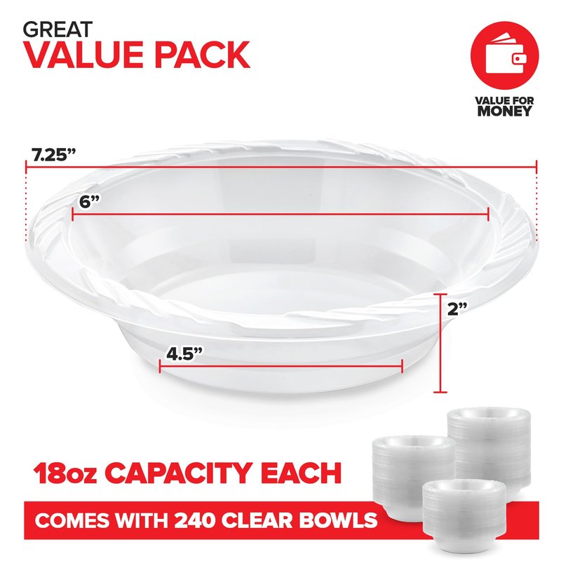 Stock Your Home (240-Count) Elegant 18 oz Clear Plastic Bowls for Parties, Large Disposable Bowl for Fancy Dinner or Cocktail Party, Soup and Salad, Thick and Sturdy