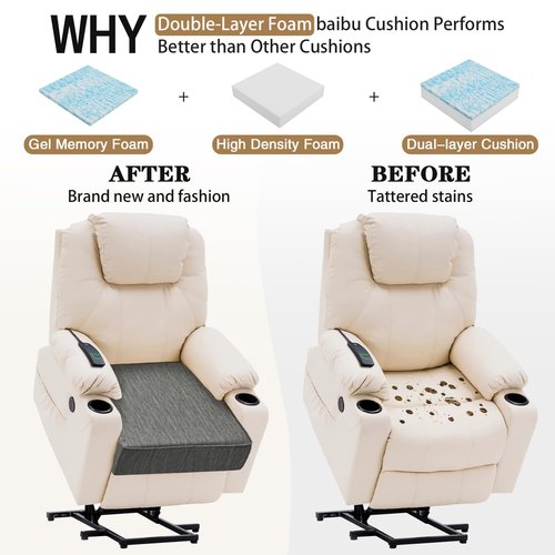 baibu Dual-Layer Gel Memory Foam Recliner Cushions for Elderly, 18x18x4 Inch Thick Non-Slip Recliner Seat Cushion Suitable for Couches, Armchair, Wheelchair, Gray