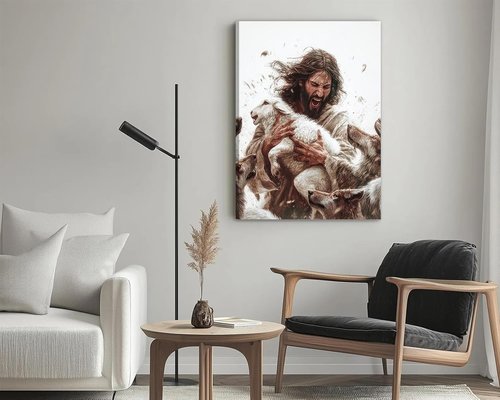 Jesus And Lamb Canvas Wall Art - Inspiring Christian Home Decor | 12x16 Inch Framed Print