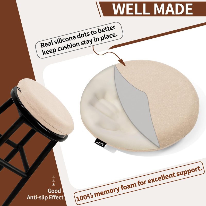 BUYUE Memory Foam Seat Cushion, Dia 13" Soft Velvet Round Stool Cushion Anti-Slip Chair Pads, S, Beige