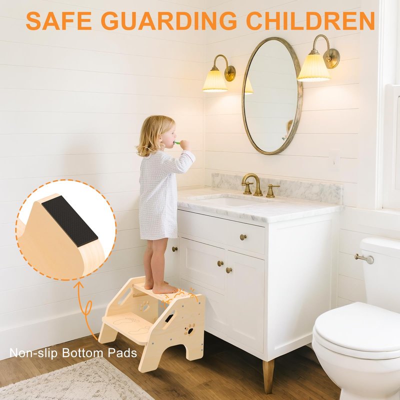 Toddler Step Stool Wooden 2 Step - Non-Slip Kids Stool for Bathroom Sink with Adjustable Height and Cute Pattern - 300lbs Support Stepping Stool for Bathroom Kitchen Children’s Room