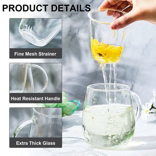 Ritteri Set of 2 Glass Tea Cup with Infuser and Lid - 17.6 oz Thickened Glass Tea Infuser Cup - Simple Filtration for Tea Bags and Loose Leaf Tea