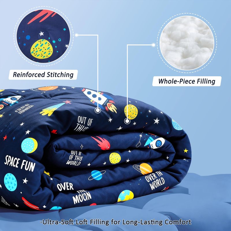 BQH Boys Twin Size Space Bedding Set - 7 Piece Rocket & Galaxy Comforter with Deep-Pocket Sheet, Whole-Piece Filling, Machine Washable Bed-in-a-Bag for Kids' Room Makeover & Gifts