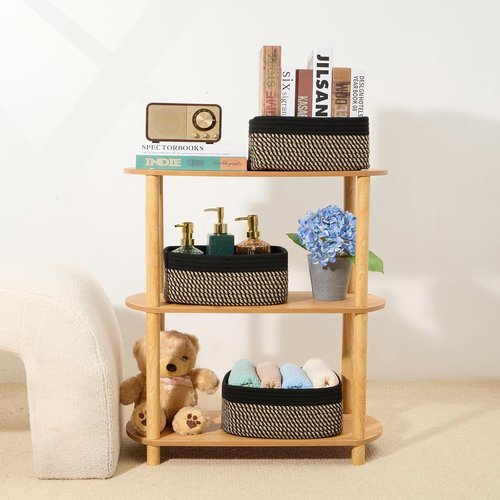 MiniArk Small Storage Baskets - Organizing Closet Bins | Woven Rope Toy Baskets | 3-Pack Black Brown | 11.5x7.5x4.7”