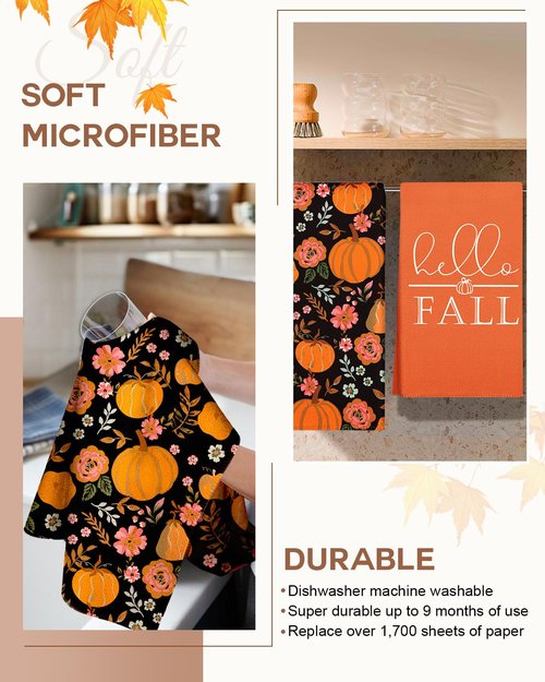 Miss Adola Fall Kitchen Towels Set of 2 - Fall Kitchen Dish Towels 18x26 Inches Microfiber Decorative Autumn Themed Towel for Thanksgiving Harvest, Absorbent Hand Towel with Hanging Loop, Oil Pumpkin
