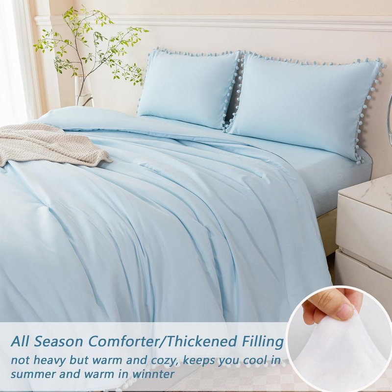 PERFEMET 5 Pieces Full Bed in A Bag Light Blue Pom Pom Bedding Set for Girls Boys Soft Fluffy Boho Solid Bedding Comforter Set with Sheets(Light Blue, Full)