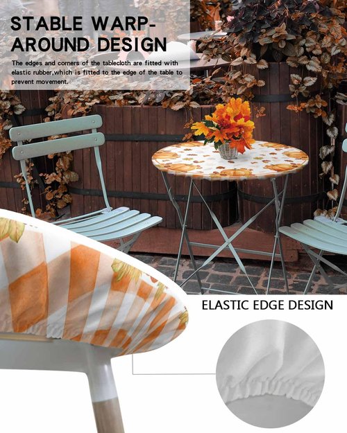 Fall Thanksgiving Pumpkin Kitchen Cover, Orange Buffalo Plaid Fitted Tablecloth for Round Tables, Waterproof with Elastic Edge, Autumn Maple Leaves White Circle Table Covers 36-44in