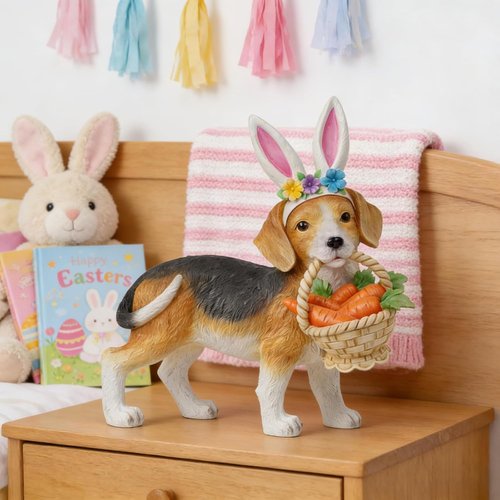 Cynkeyee Dog Garden Statue - Adorable Beagle with Bunny Ears & Carrot Basket | 11.5" x 4" x 10.5" Indoor/Outdoor Decor