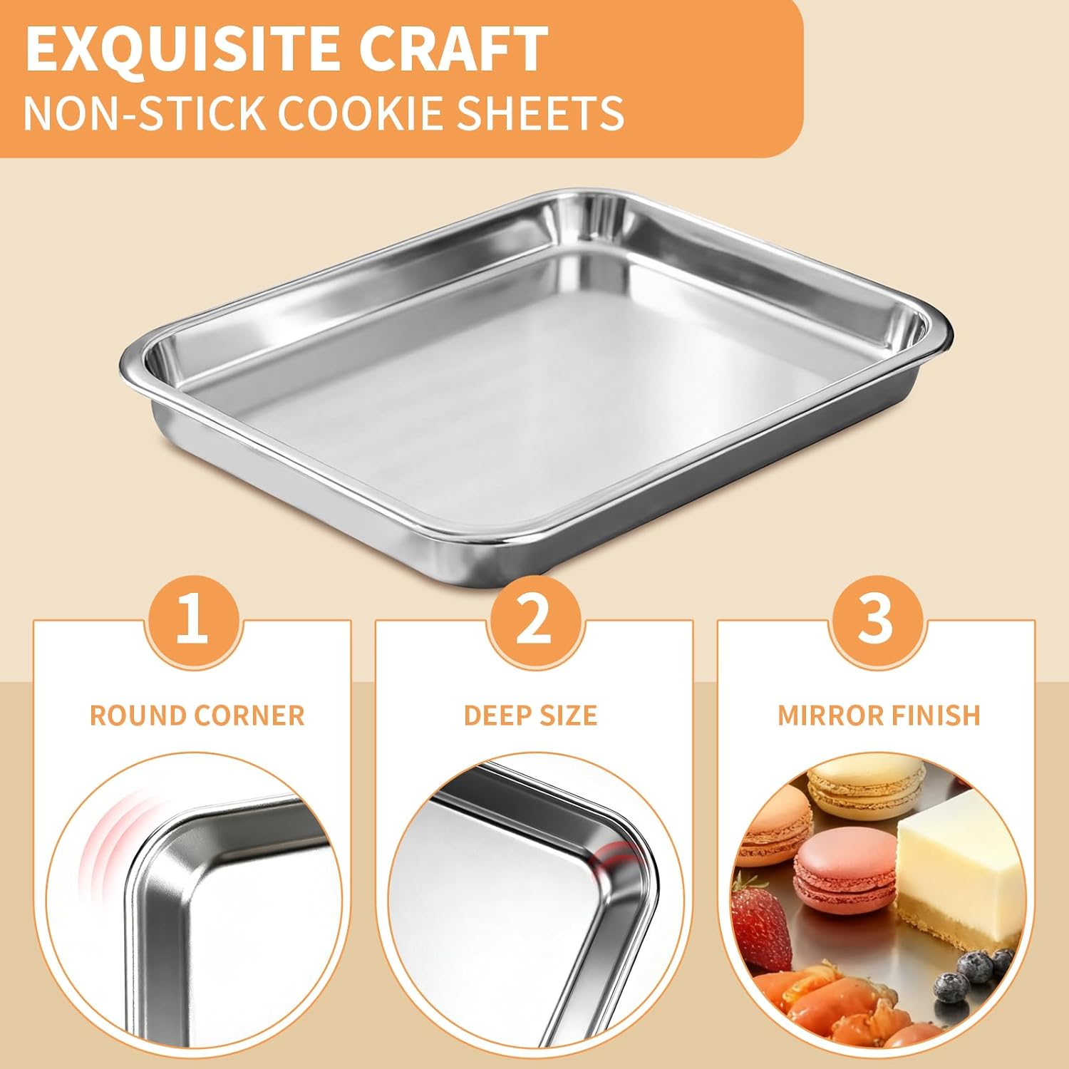 Skiennix Baking Sheet Set - Heavy Duty Stainless Steel Cookie Sheets | Non-Stick, Easy Clean, 10.5/12.4/16 Inch