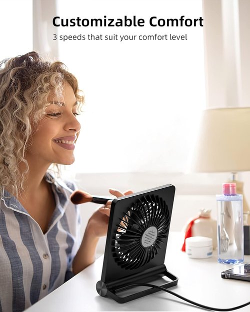 Koonie USB Fan - Ultra Quiet Small Desk Fan with 220° Tilt & 3 Adjustable Speeds | Black