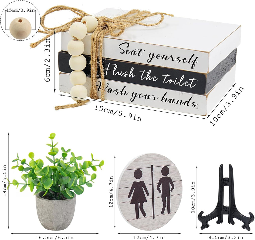 Skiennix Bathroom Shelf Decor - Funny Wooden Signs with Fake Plants | 3D Round Design for Guest Restrooms