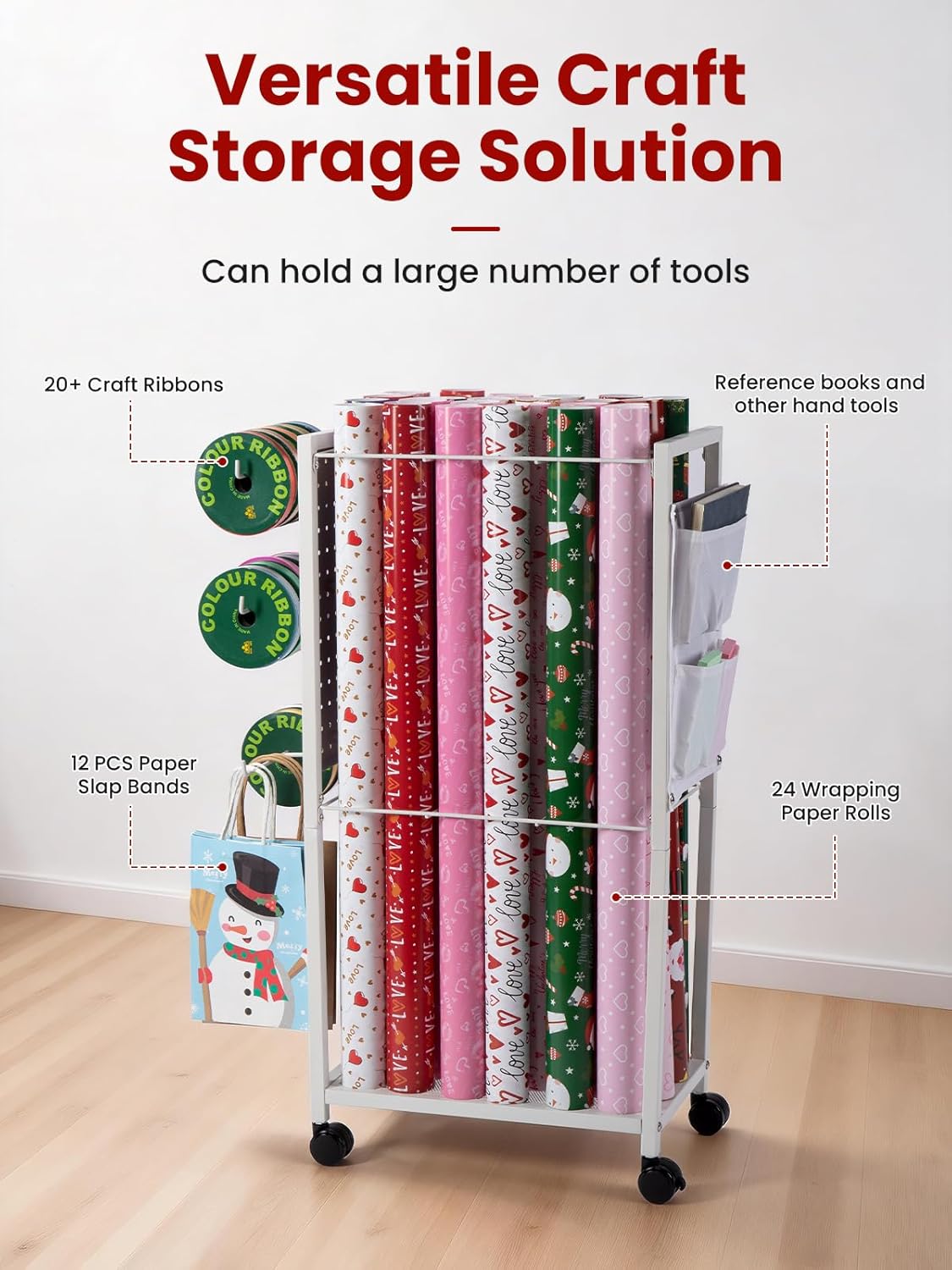 Wrapping Paper Cart - Gift Wrap Organizer with Rolling Storage Stand & Ribbon Holders | 12 PCS Slap Bracelets Included