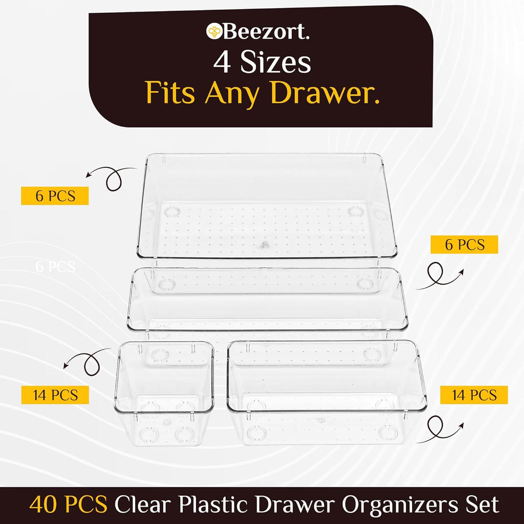 Skiennix 40 PCS Clear Drawer Organizer Set - BPA-Free Plastic Trays with Non-Slip Pads for Kitchen, Bathroom & Office