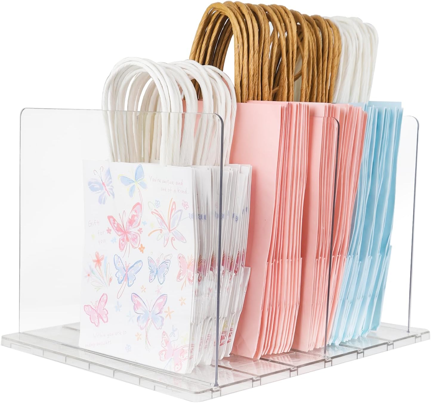 Skiennix Gift Bag Storage Organizer - Acrylic Reusable Grocery Bag Holder with Adjustable Shelf Dividers | Four Partition Design for Small Closets