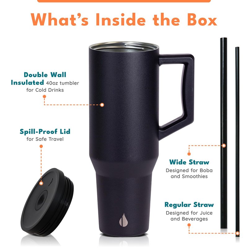 Elemental 40 oz Tumbler with Handle and Straw - Spill Proof Insulated Stainless Steel Commuter for Cold Beverages - Travel Coffee Mug with 2 Straws & Spill Proof Lid - 40oz - Black