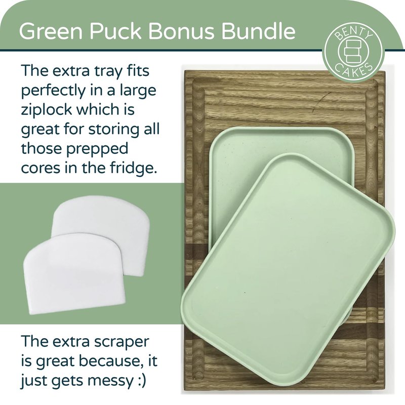 Benty Cakes – The Original Cake Puck Bonus Bundle Set – Better than a Cake Pop! Make Chocolate Covered Desserts – BPA Free Silicone – Includes 1 Mold Set, 2 Trays and 2 Scrapers – Green