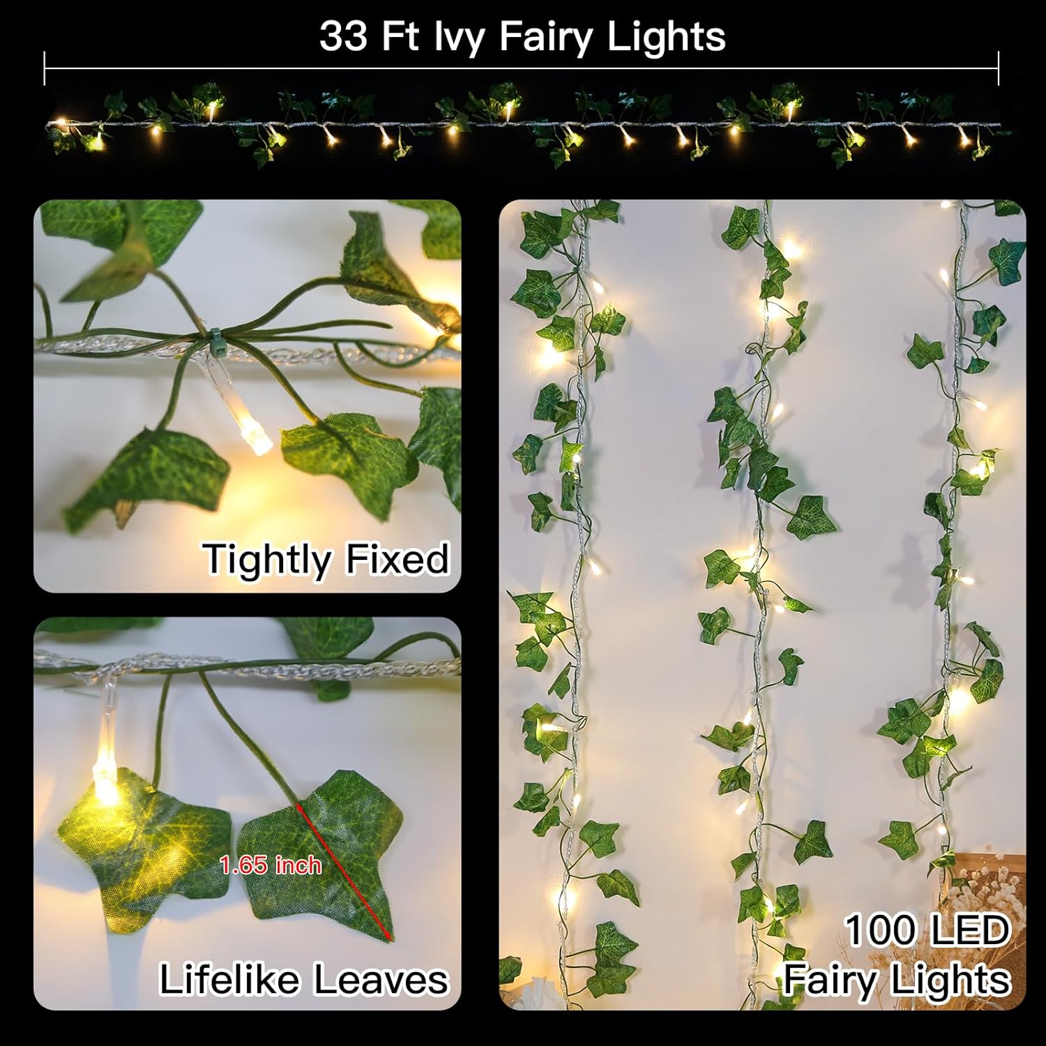 Suddus Ivy String Lights - 33ft 100 LED Fairy Lights with Remote | Warm White for Bedroom, Garden, Party Decor