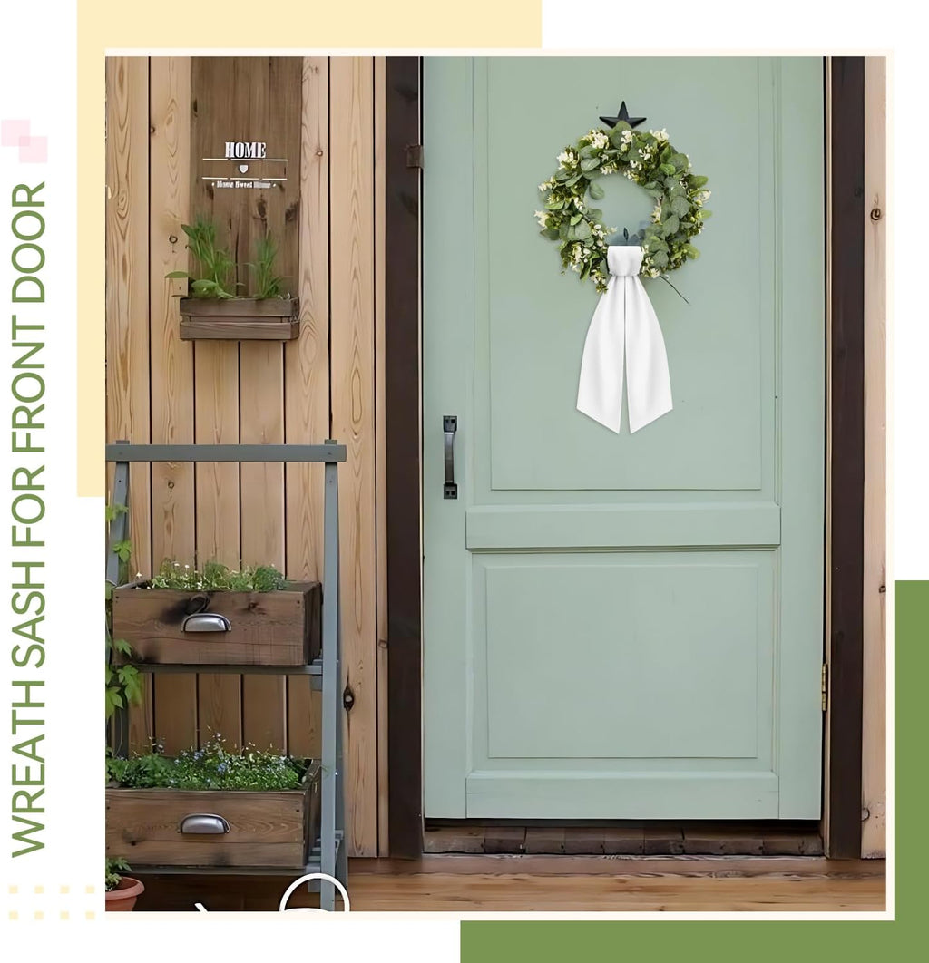 White Wreath Sash | 2 Pcs Linen Ribbon Bow for Front Door & Porch Garland Decor