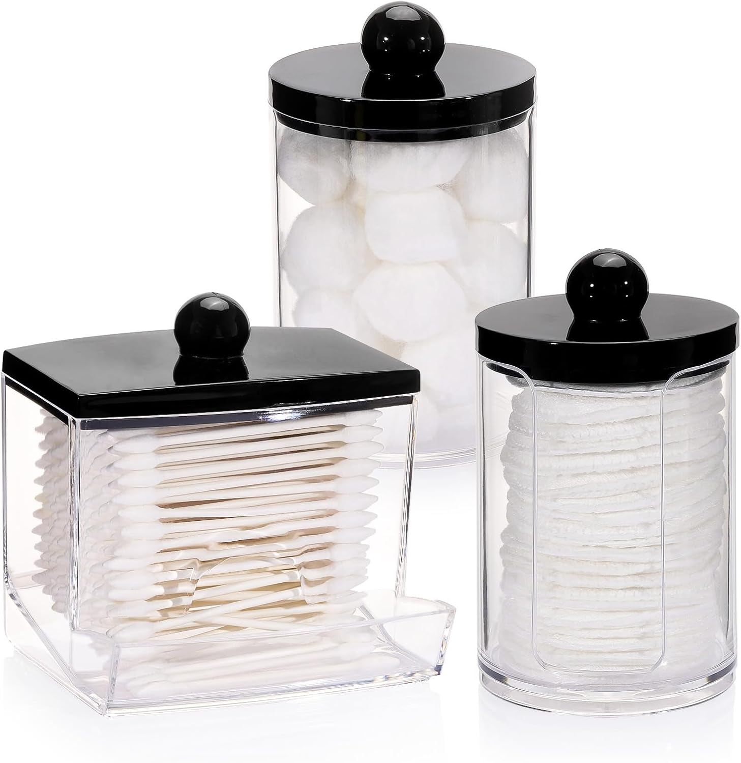 Tbestmax Qtip Holder Dispenser - 3 Pack Bathroom Organizers with Black Lids for Cotton Swabs & Pads