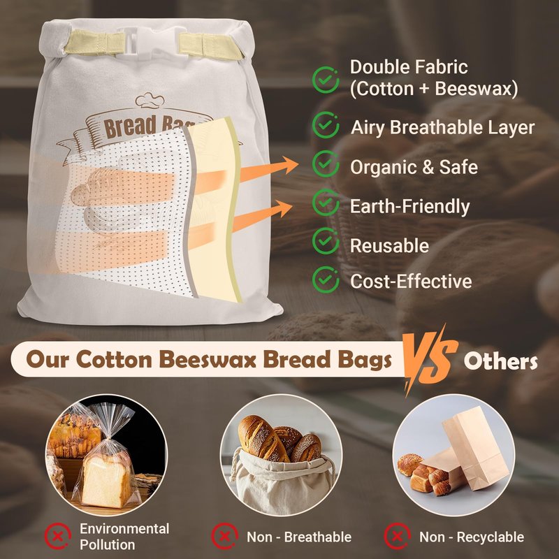 Cotton Beeswax Bread Bag (2 Pack) Reusable Double-Lock Freezer Safe for Homemade Sourdough Bread Food Storage Gifts for Sourdough Bakers (Pattern 2)