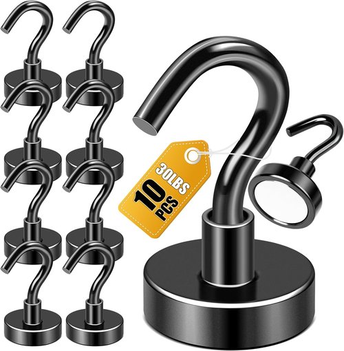 DIYMAG Magnetic Hooks - Heavy Duty 30lbs Capacity | Strong N52 Magnets for Home & Travel - 10 Pack Black