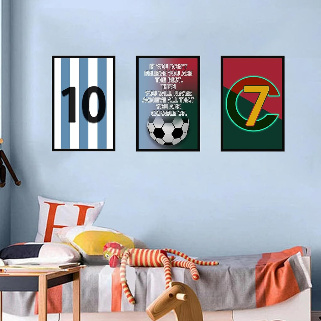 Pormipone Football Wall Art Decor - 3 Pcs Soccer Canvas Paintings for Boys' Room | 12x18 in