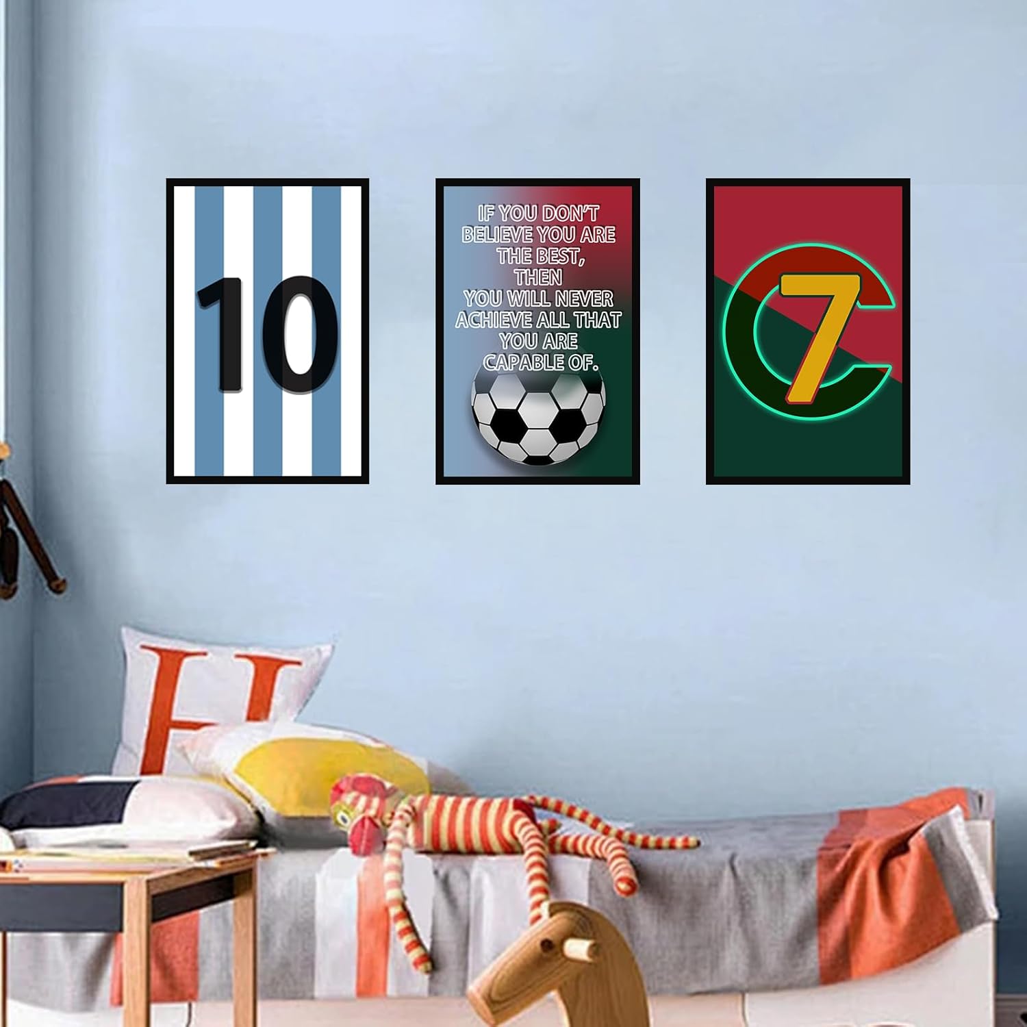 Pormipone Football Wall Art Decor - 3 Pcs Soccer Canvas Paintings for Boys' Room | 12x18 in