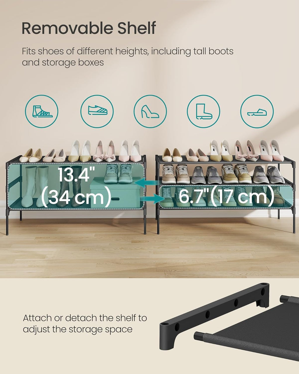 SONGMICS 3-Tier Shoe Rack - Space-Saving Organizer with Metal Frame & Non-Woven Fabric Shelves | Ink Black, 11.7 x 36.1 x 21 Inches