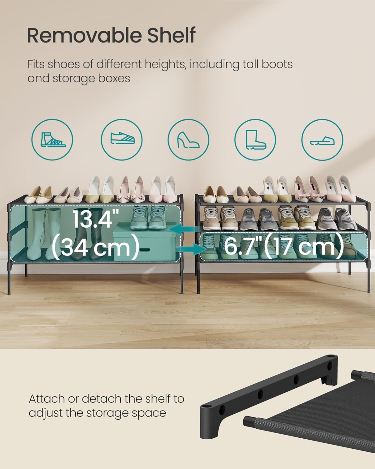 SONGMICS 3-Tier Shoe Rack - Space-Saving Organizer with Metal Frame & Non-Woven Fabric Shelves | Ink Black, 11.7 x 36.1 x 21 Inches